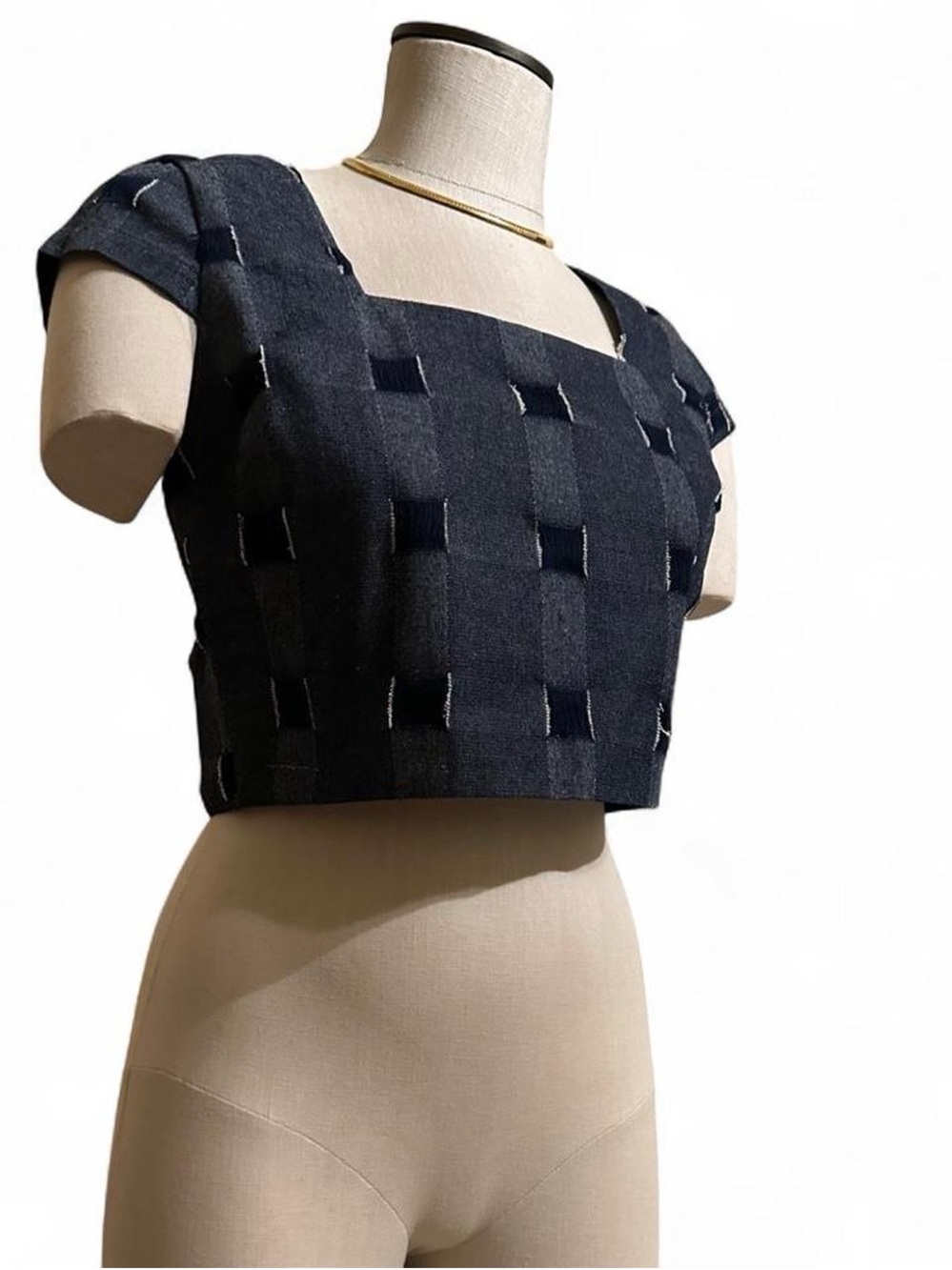 Line & Dot Denim Woven Square-Neck Crop Top
